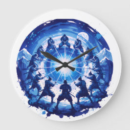 Samurai Unity Japanese Blue Ink Art Circular Große Wanduhr