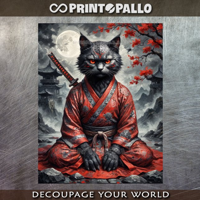 Samurai vampire cat with katana in meditation seidenpapier (Von Creator hochgeladen)