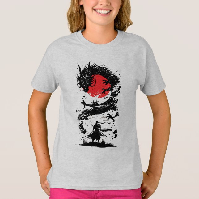 Samurai Warrior and Dragon Battle T-Shirt (Vorderseite)