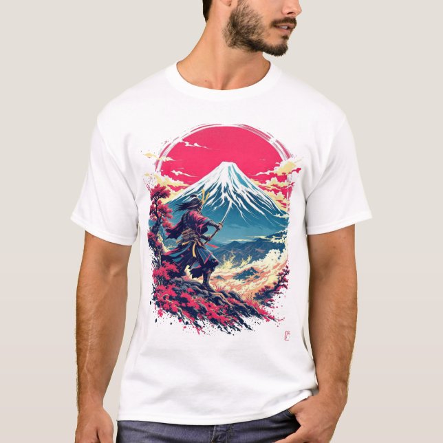Samurai Warrior at Mount Fuji Japanese Art T-Shirt (Vorderseite)