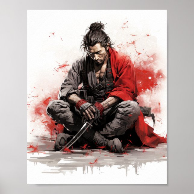 Samurai Warrior Crouching mit Katana Sword Poster (Vorne)