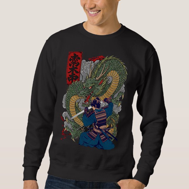 Samurai Warrior Facing Fierce Dragon japanische Ku Sweatshirt (Vorderseite)