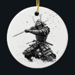 Samurai Warrior in Action Japanese Art Ceramic  Keramik Ornament<br><div class="desc">A striking black-and-white illustration of a samurai warrior ready for battle. Inspired by traditional Japanese culture,  bushido code,  and manga art style. Perfect for fans of samurai,  Japan,  anime aesthetics,  and minimalist ink designs. A unique decorative ornament and a great gift idea.</div>