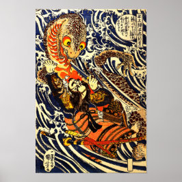 Samurai Warrior kämpft gegen Riese Salamander Poster