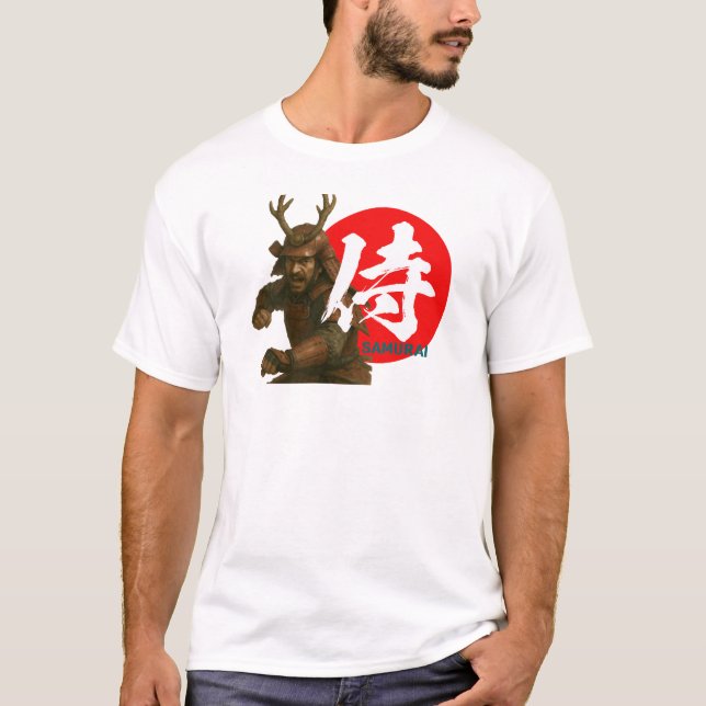 Samurai Warrior mit aufstrebender Sonne und Kanji T-Shirt (Vorderseite)