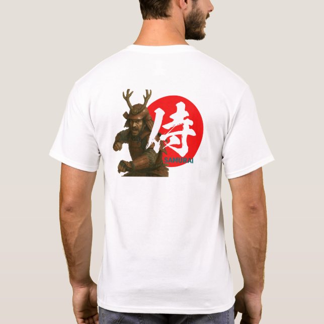 Samurai Warrior mit aufstrebender Sonne und Kanji T-Shirt (Rückseite)
