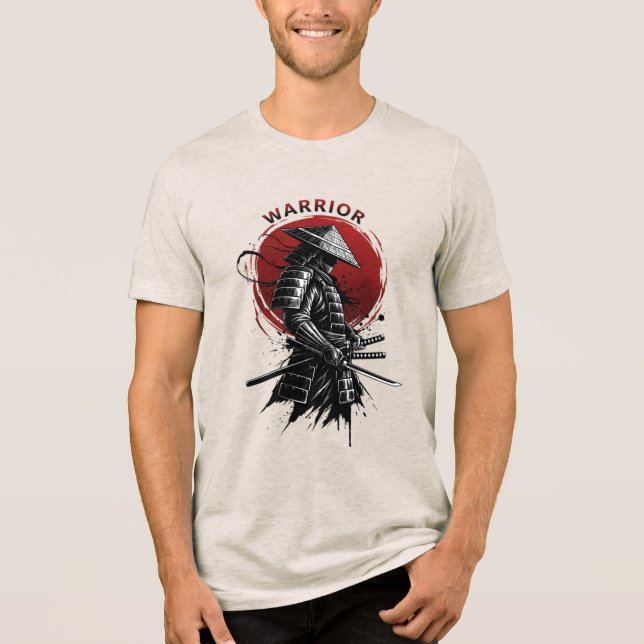 Samurai Warrior Rising Sun Japanese Ink Style Tri-Blend Shirt (Vorderseite)