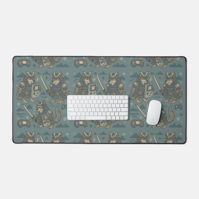 Samurai-Wolf mit Handheld-Konsole  Schreibtischunterlage (Tastatur & Maus)
