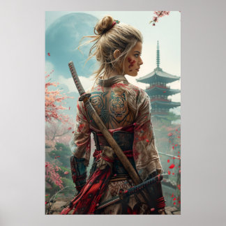 Samurai woman warrior with katana — Japanese cultu Poster