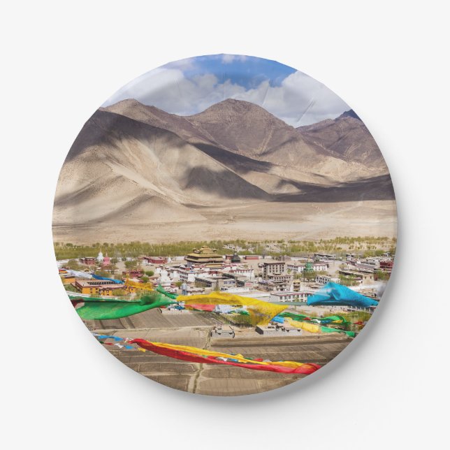Samye Kloster Luftbild - Tibet, Asien Pappteller (Vorderseite)