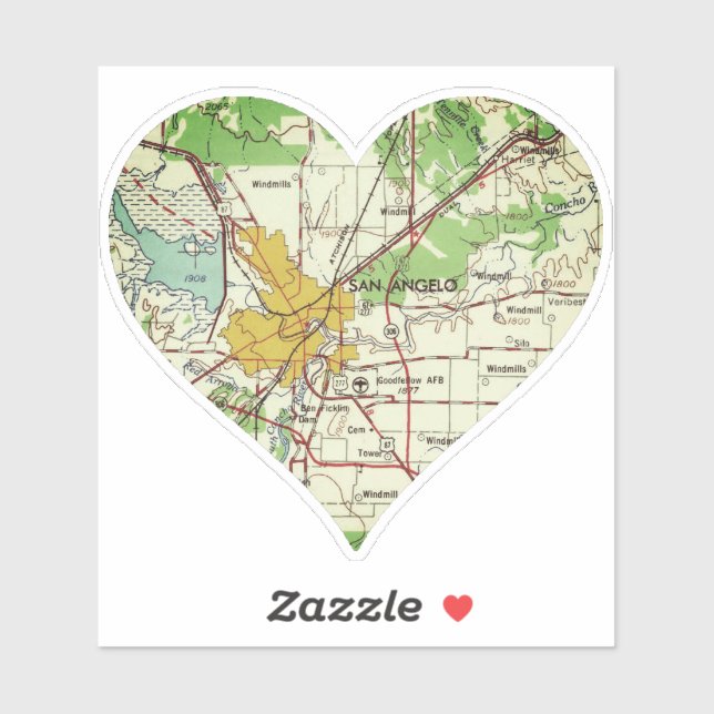 San Angelo TX Vintage Karte Aufkleber (Blatt)