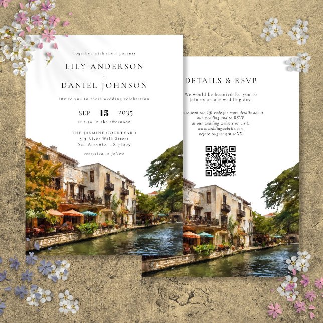 San Antonio Aquarell QR-Code Hochzeit Einladung (San Antonio Watercolor QR Code Wedding Invitation)