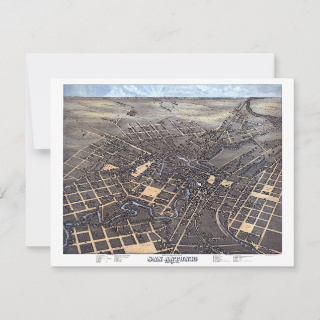 San Antonio, Texas, Antike Luftkarte, 1873 Einladung (Vorderseite)