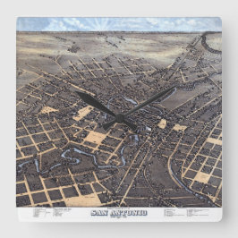 San Antonio, Texas, Antike Luftkarte, 1873 Quadratische Wanduhr