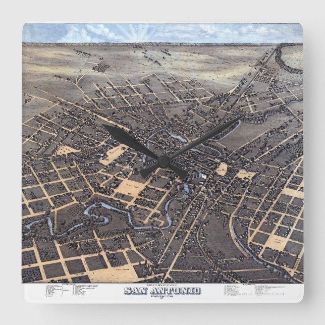 San Antonio, Texas, Antike Luftkarte, 1873 Quadratische Wanduhr (Vorderseite)