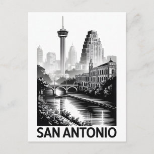 San Antonio Texas Skyline Schwarz Weiß Holzschnitt Feiertagspostkarte