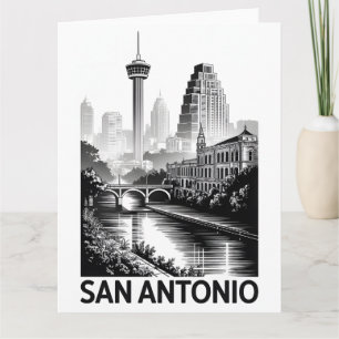 San Antonio Texas Skyline Schwarz Weiß Holzschnitt Karte