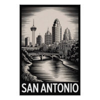 San Antonio Texas Skyline Schwarz Weiß Holzschnitt