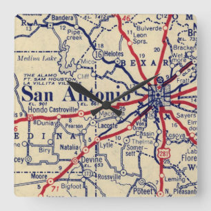 San Antonio Vintage Map Quadratische Wanduhr