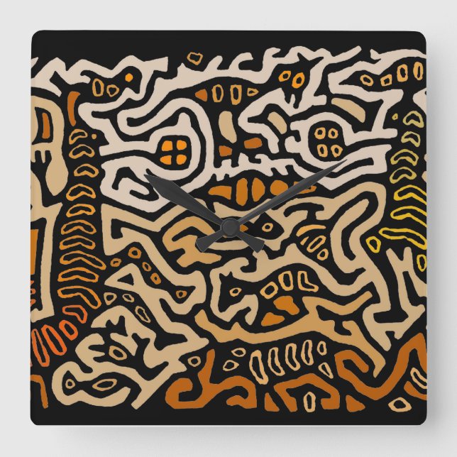 San Blas Kuna Indian Mola Spiraluose Wall Clock Quadratische Wanduhr (Vorderseite)