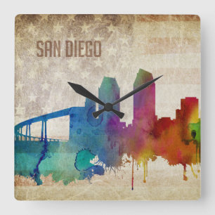 San Diego, Aquarell-Stadt-Skyline CAs Quadratische Wanduhr