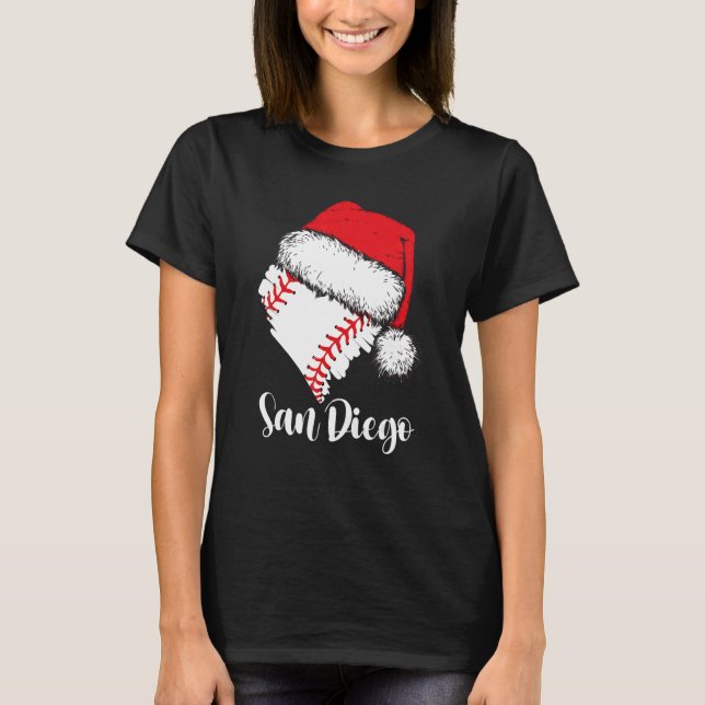 San Diego Baseball Heart Santa Hat Merry Xmas T-Shirt (Vorderseite)