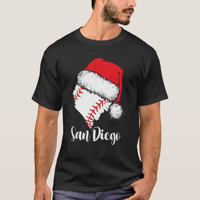 San Diego Baseball Heart Santa Hat Merry Xmas T-Shirt (Vorderseite)