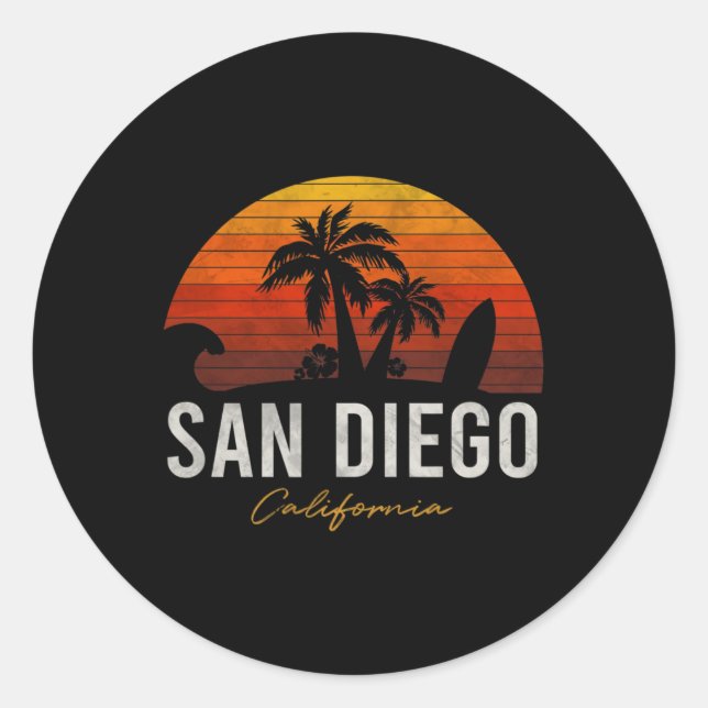 San Diego Beach California Palmen Urlaub Surf Runder Aufkleber (Vorderseite)
