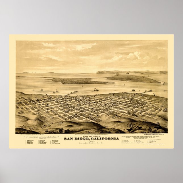 San Diego, CA Panorama Karte - 1876 Poster (Vorne)