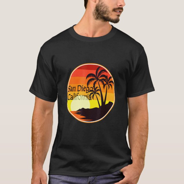 San Diego, CA Sunset, Palmen, Strand, Tourist, T-Shirt (Vorderseite)