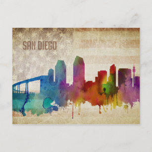 San Diego, CA   Wasserfarbe Stadt Skyline Postkarte