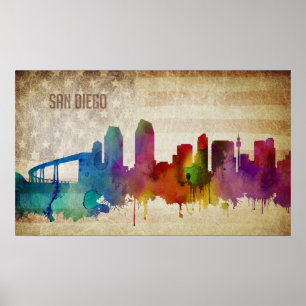 San Diego, CA   Watercolor City Skyline Poster