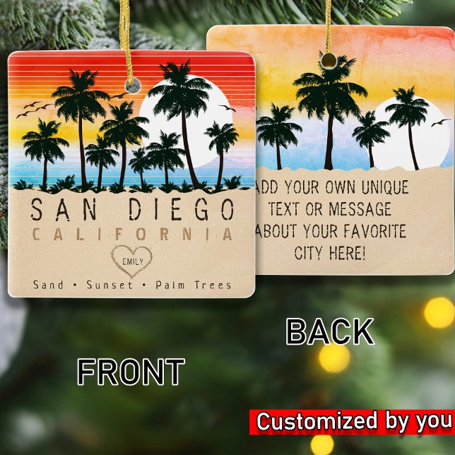 San Diego California Retro Sunset Palm tree 60er Keramikornament (Von Creator hochgeladen)