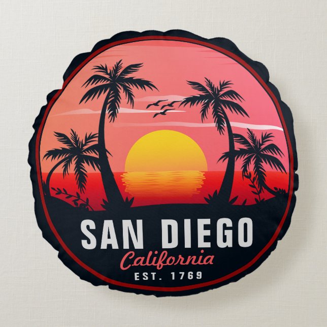 San Diego California Retro Sunset Souvenirs 60er Rundes Kissen (Vorderseite)
