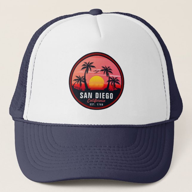 San Diego California Retro Sunset Souvenirs 60er Truckerkappe (Vorderseite)