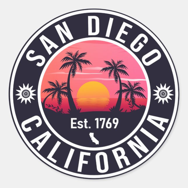 San Diego California Retro Sunset Souvenirs 80er Runder Aufkleber (Vorderseite)