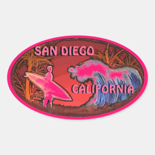 San Diego California Rosa Surfer Wave Art Aufklebe Ovaler Aufkleber