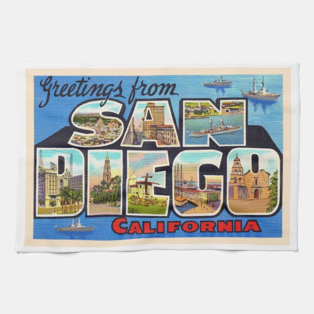 San Diego California Vintager Großbuchstabe Postka Geschirrtuch (Horizontal)