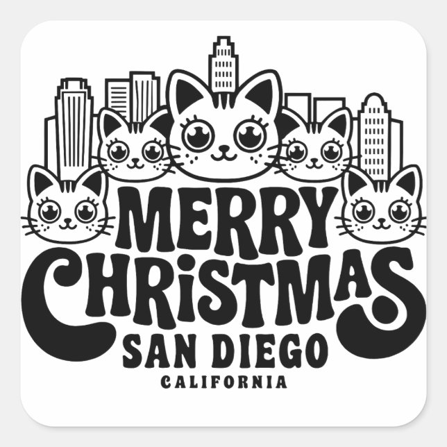 San Diego City California Frohe Weihnachtskatzen U Quadratischer Aufkleber (Vorderseite)