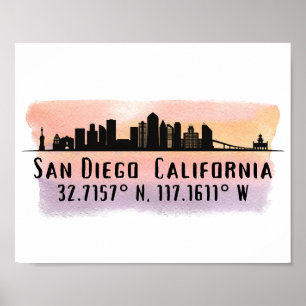 San Diego City Skyline Latitude und Längengrad Poster