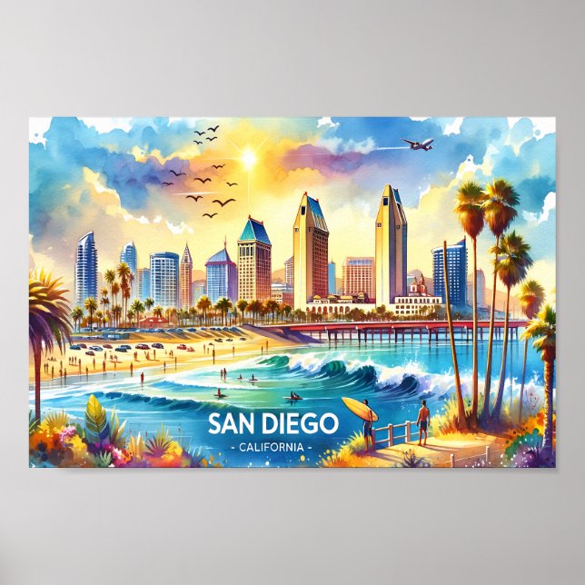 San Diego Kalifornien Reisen Orte Aquarell Poster (Vorne)