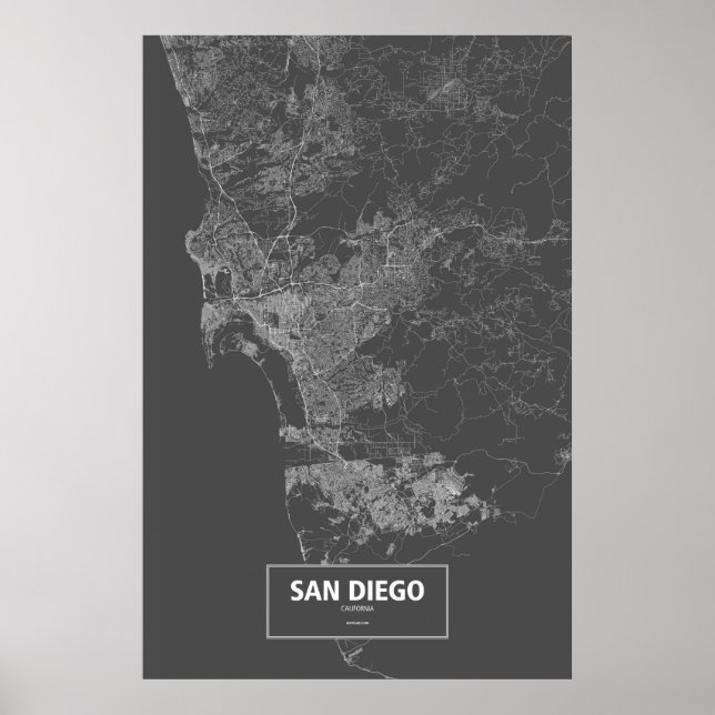 San Diego, Kalifornien (weiß auf schwarz) Poster (Vorne)