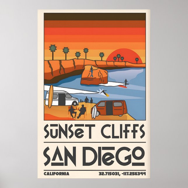 San Diego Reiseplakat Retro Sunset Cliffs Szene Poster (Vorne)