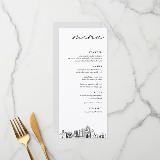 San Diego Skyline Modern Wedding Dinner Menu Menükarte (Vorderseite/Rückseite Beispiel)