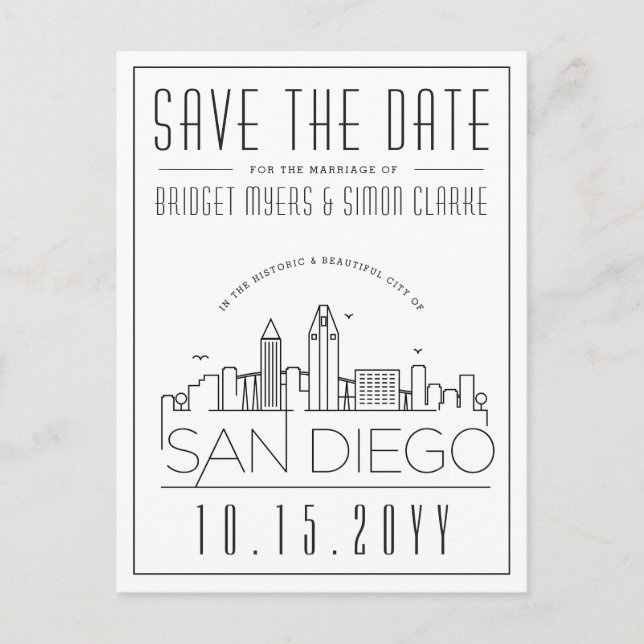 San Diego | Stilisierte Skyline Save the Date Postkarte (Vorderseite)