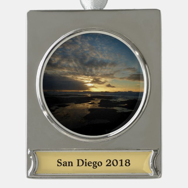 San Diego Sunset III Atemberaubendes Kalifornien L Banner-Ornament Silber (Vorderseite)