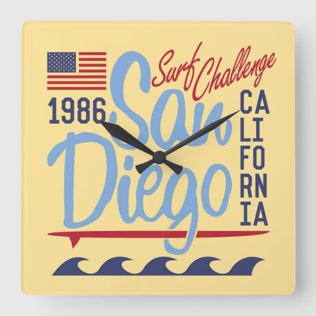 San Diego Surf Challenge 1986 Quadratische Wanduhr (Vorderseite)
