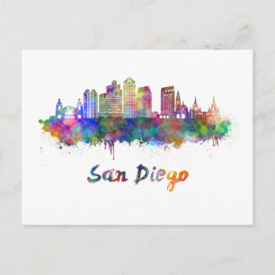 San Diego V2 Skyline in Aquarellfarbe Postkarte