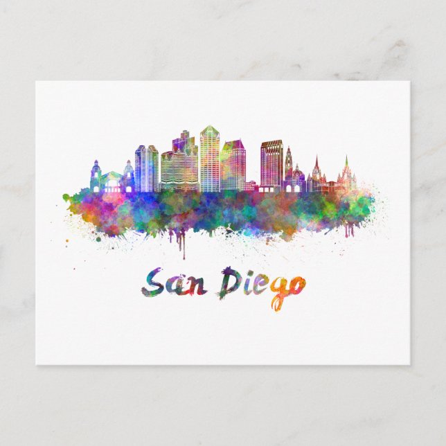San Diego V2 Skyline in Aquarellfarbe Postkarte (Vorderseite)