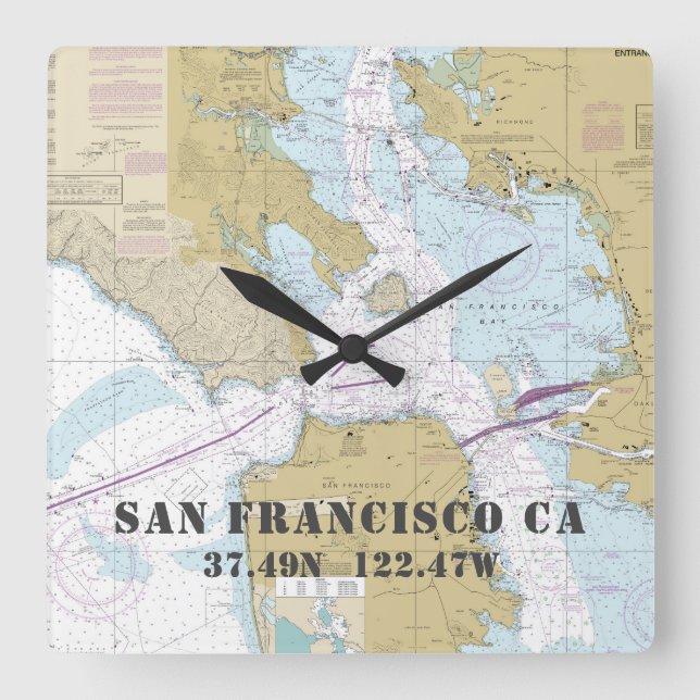 San Francisco CA Breite-Länge-Seediagramm Quadratische Wanduhr (Vorderseite)